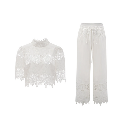 Raphaelle Lace-Trim Cut-Out Cropped Top & Trousers Matching Set