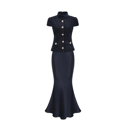 Josette blue peplum-waist panelled maxi dress