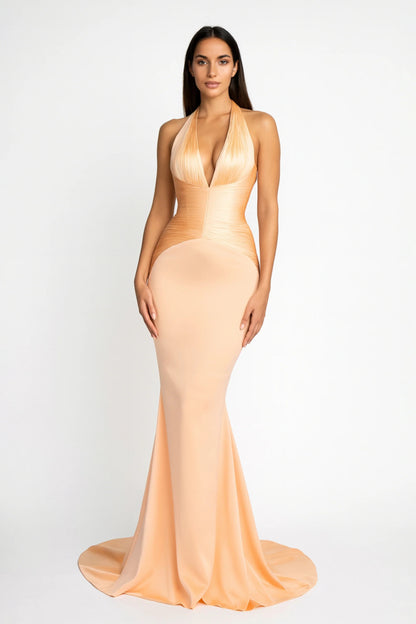 Emmeline Neutral Train Design Gathered Maxi Dress