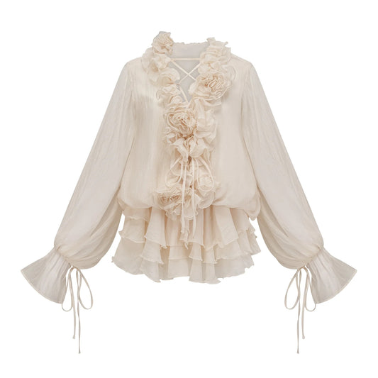 Zephyrine Floral-Applique Tiered Mini Dress in Neutrals