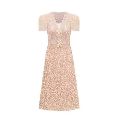 Berengere Neutrals Faux-Flower Crochet Midi Dress