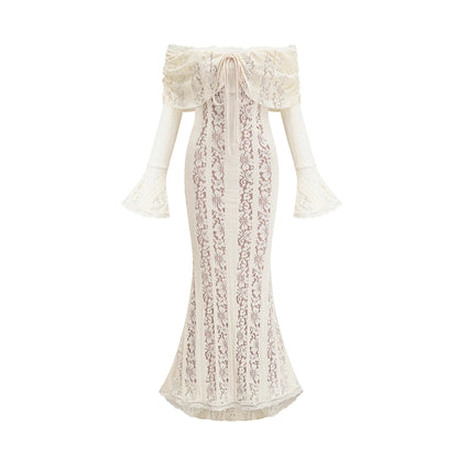 Emeline Floral Lace Flared-Cuff Maxi Dress in Neutrals