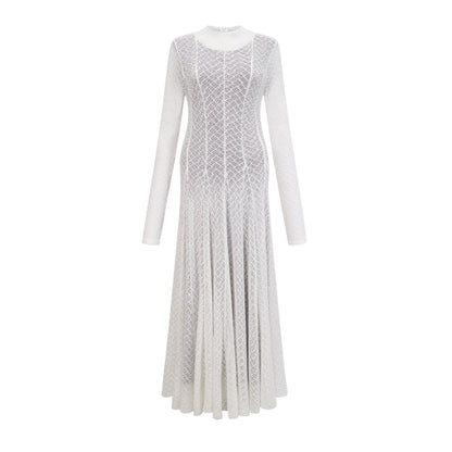 Athena Wavy-Pattern Lace Maxi Dress in White