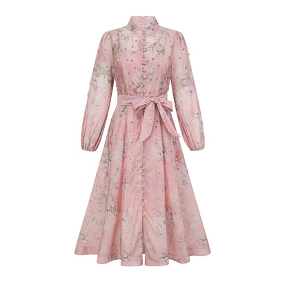Narcisse Pink Embellished Floral-Print Midi Dress