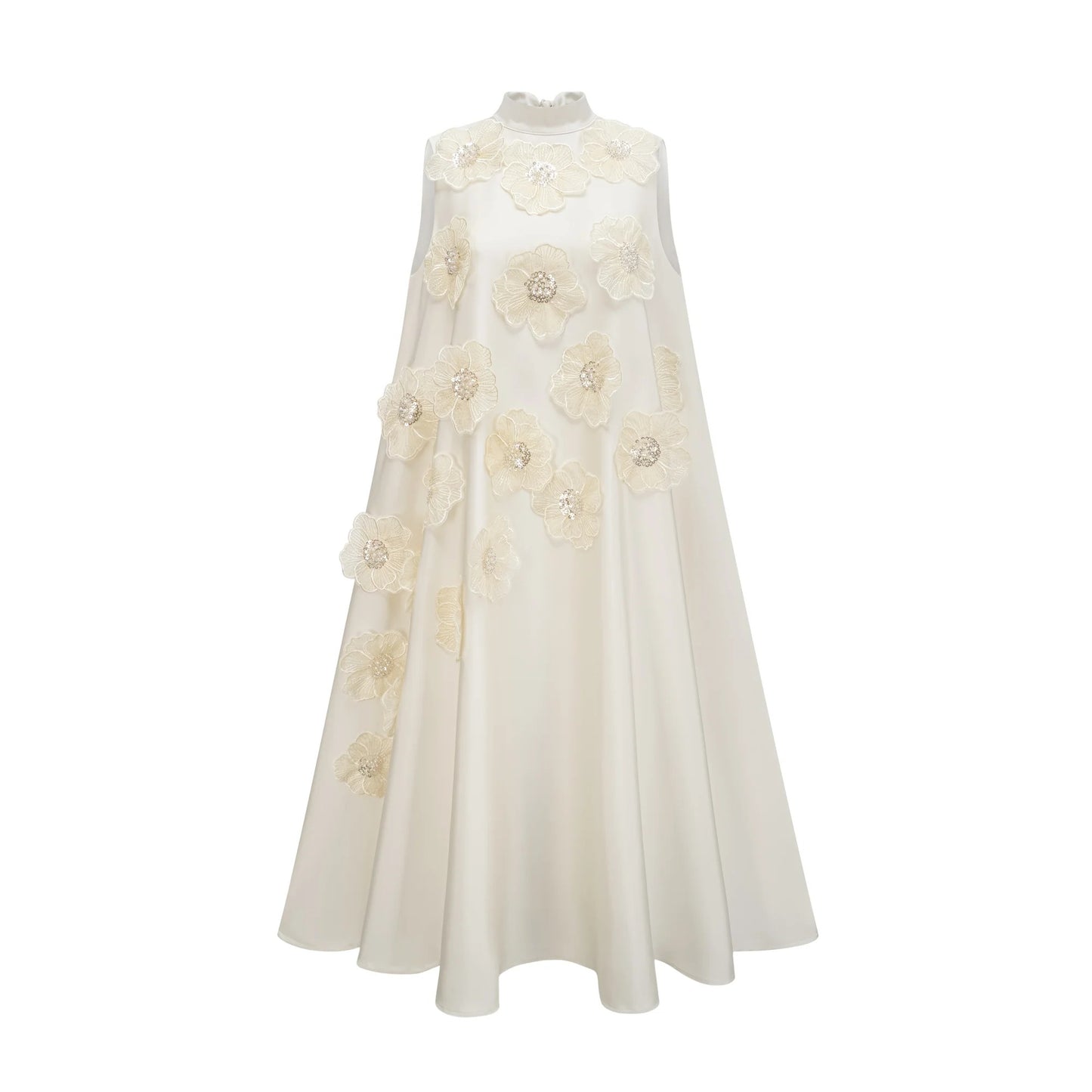 Emilie Sleeveless Floral-Applique Midi Dress in White