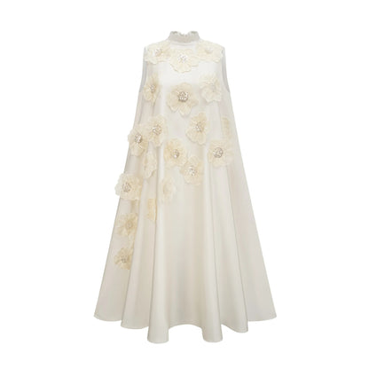 Emilie Sleeveless Floral-Applique Midi Dress in White