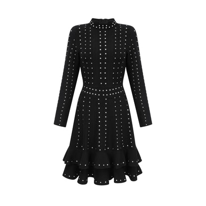 Fabienne Black Embellished Ruffled Knitted Mini Dress