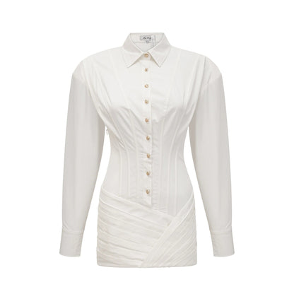 Orlane white cinched-waist pleated mini shirt dress