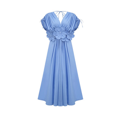Emma Petal-Detail Drawstring Maxi Dress in Blue
