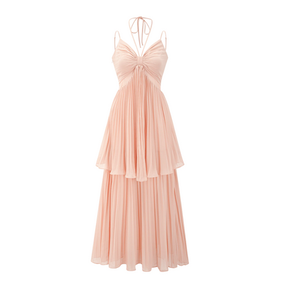 Olympe Pink Pleated Tiered Midi Dress