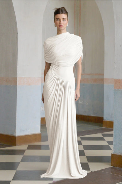Catherine White Asymmetrical Pleated Maxi Dress