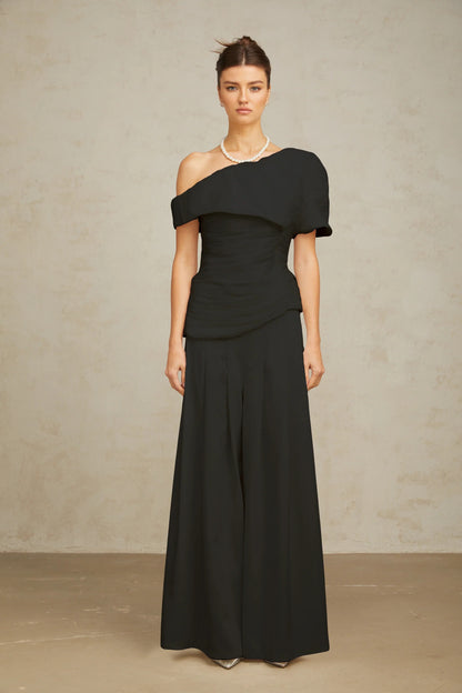 Adèle Creased Top & Trousers Matching Set in Black