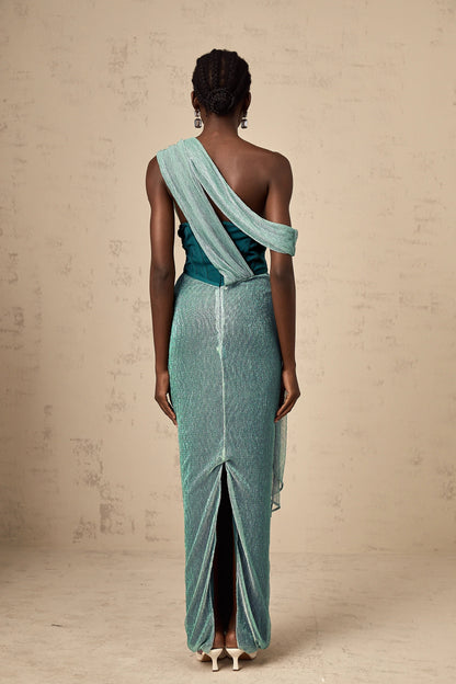 Delphine ribbon-design corset maxi dress in Green