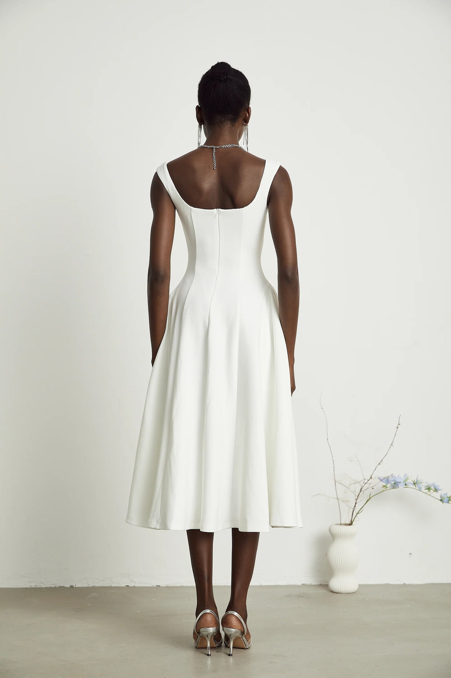 Thala White Pleated Flared Midi Dress