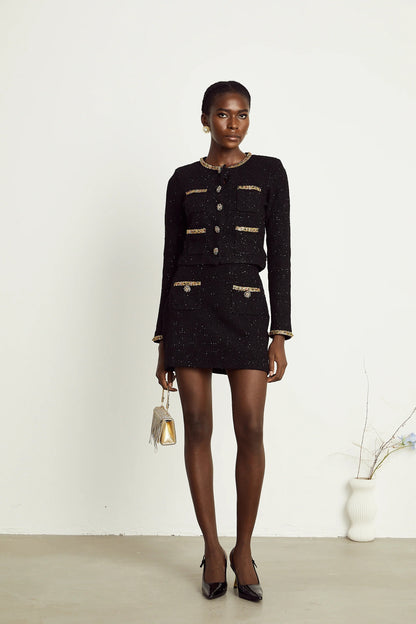Ariane Black Sequined Tweed Jacket & Skirt Matching Set