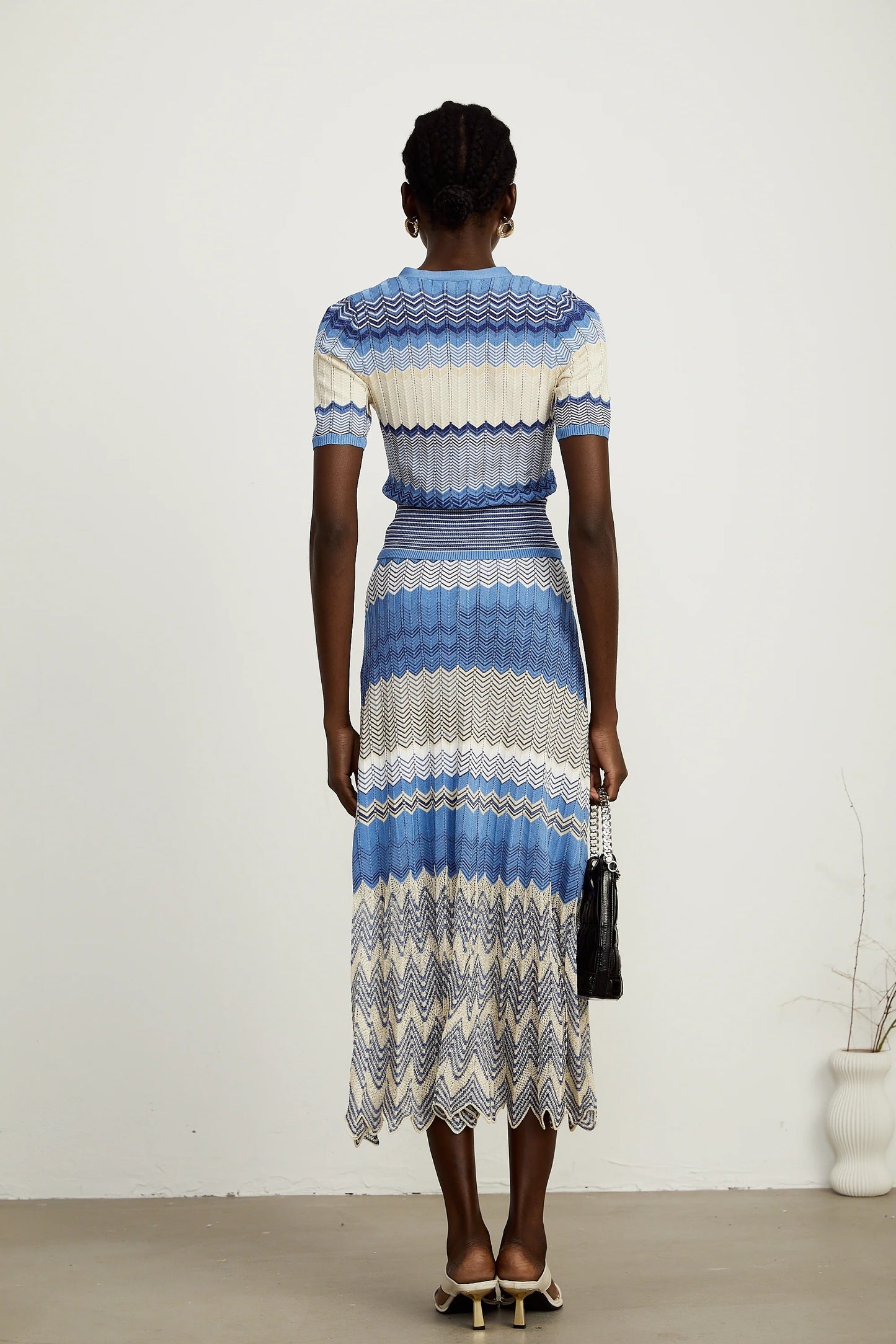 Daniela Blue Zigzag-Design Knit Top & Skirt Matching Set