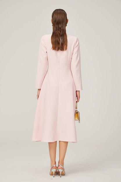 Elise pink bow-detail split-neck midi dress