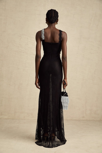 Irène black crossover crystal-embellished maxi dress