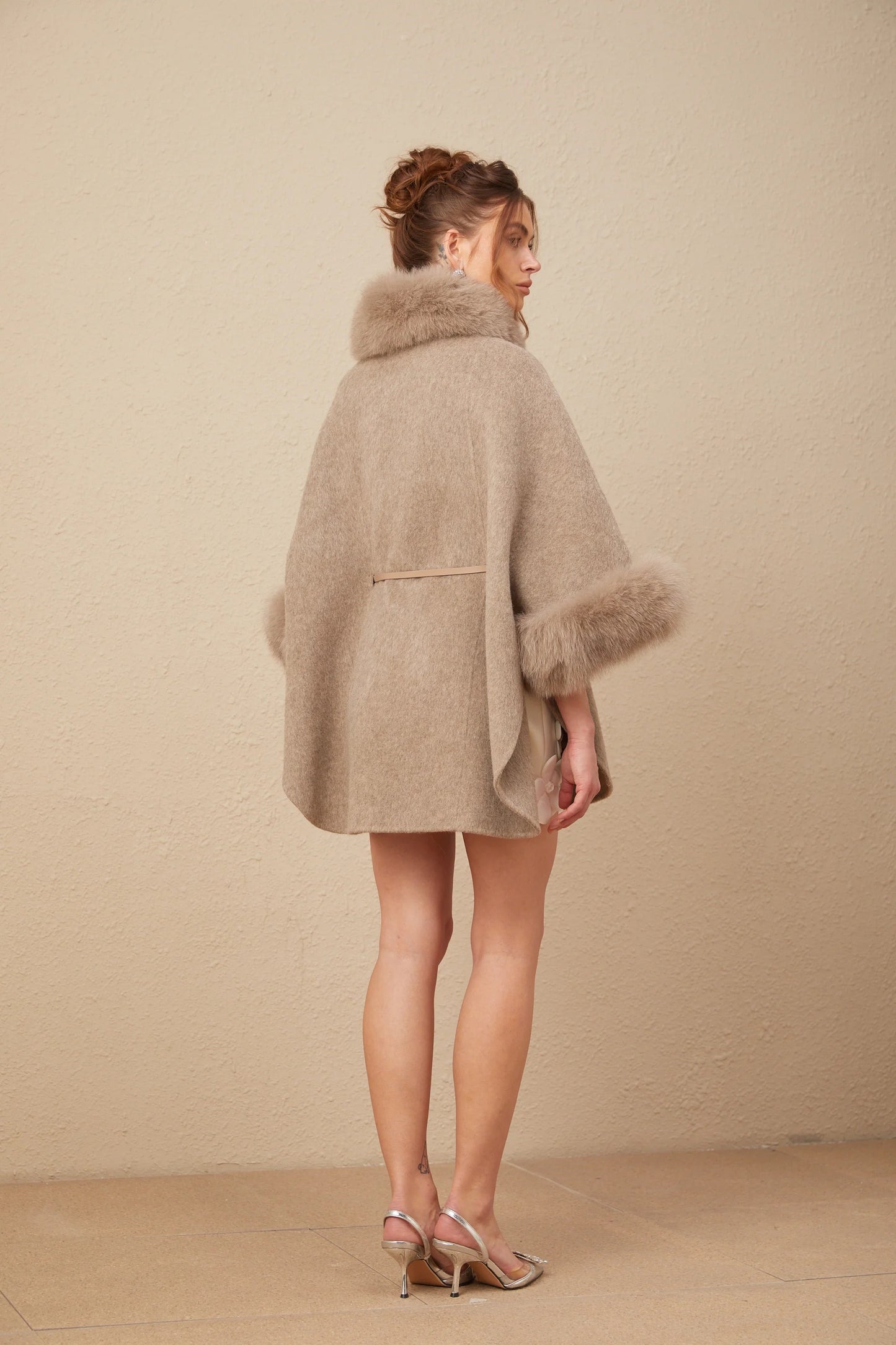 Chloris wool fur belted cape coat in Brown