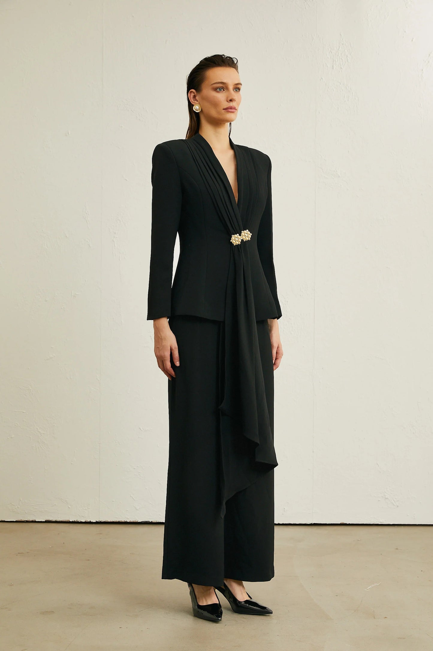 Suzanne Black Pleated Jacket & Trousers Matching Set