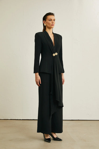 Suzanne Black Pleated Jacket & Trousers Matching Set