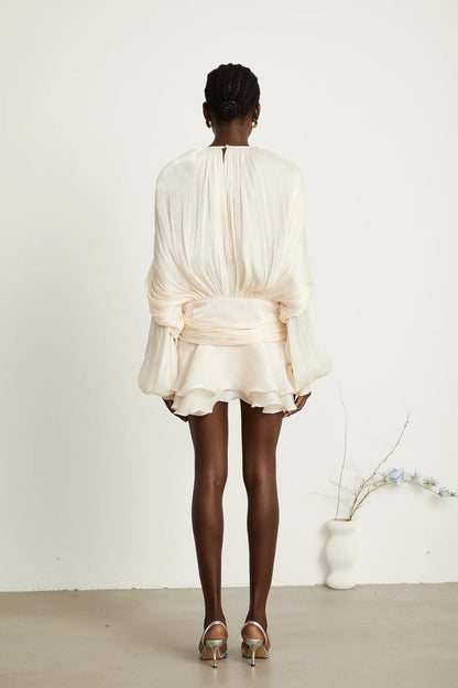 Eugenie Neutral Fully Pleated Ruffled Mini Dress