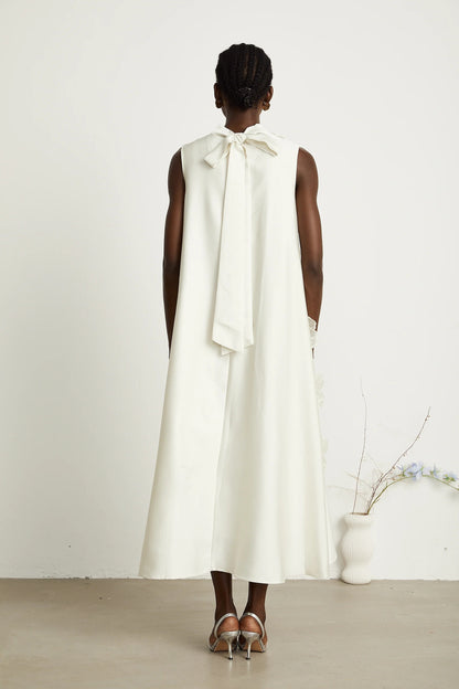 Emilie Sleeveless Floral-Applique Midi Dress in White