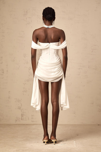 Gitta white ribbon-design ruched mini dress
