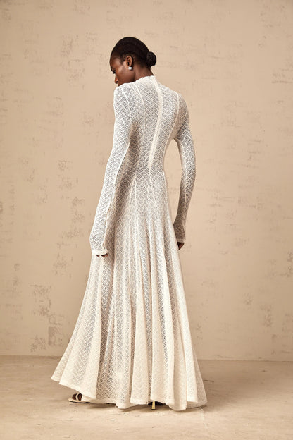 Athena Wavy-Pattern Lace Maxi Dress in White