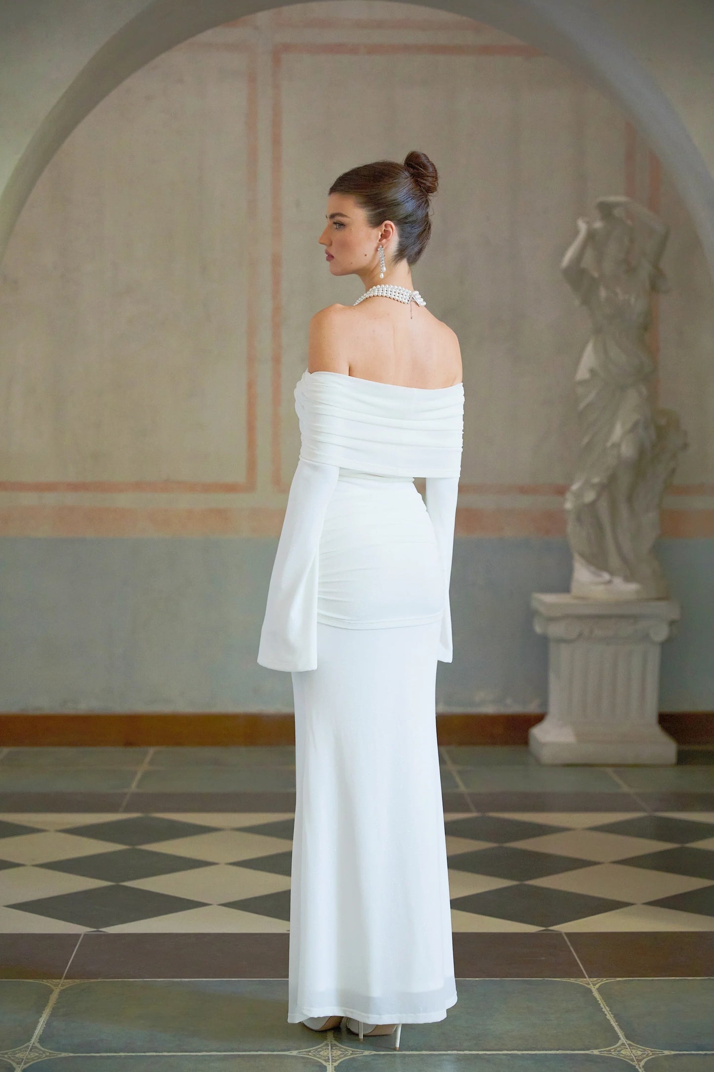 Wanda White Glittered Floral-Applique Knit Maxi Dress
