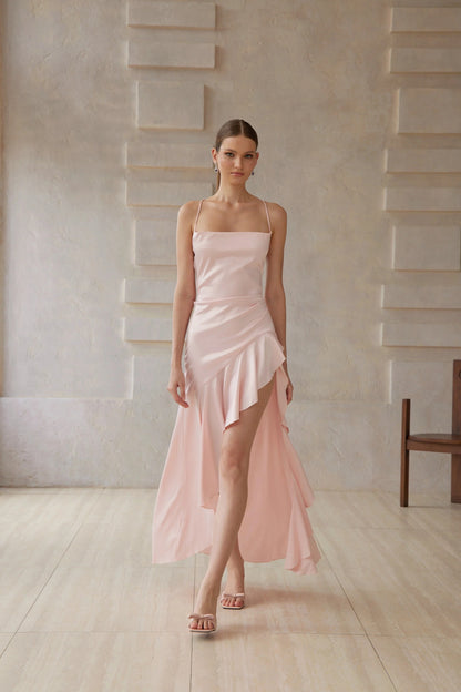 Lena Pink Asymmetrical Satin Midi Dress