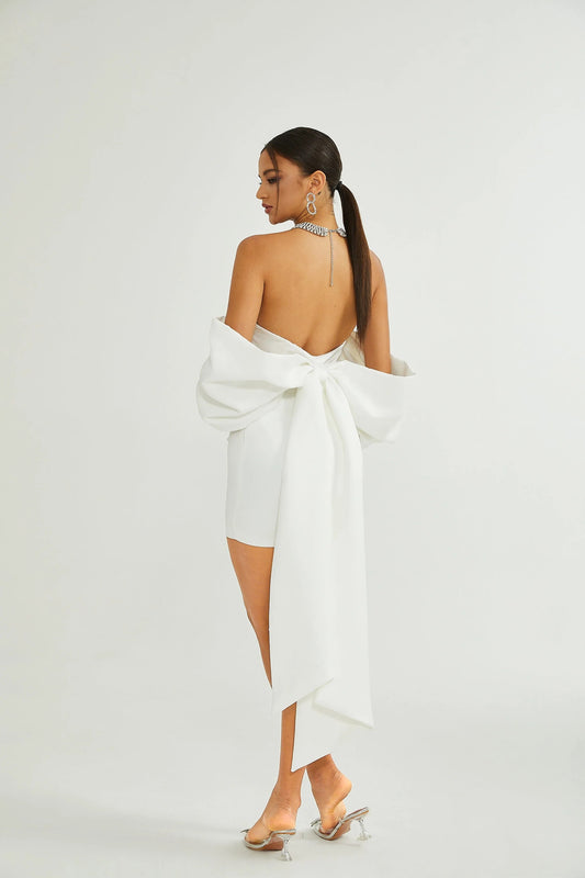 Helene White Oversize-bow Mini Dress