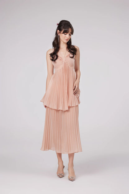 Olympe Pink Pleated Tiered Midi Dress