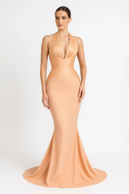 Emmeline Neutral Train Design Gathered Maxi Dress