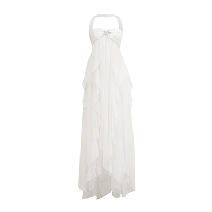 Mariah Pink Chiffon Ruffle Halterneck Maxi Dress