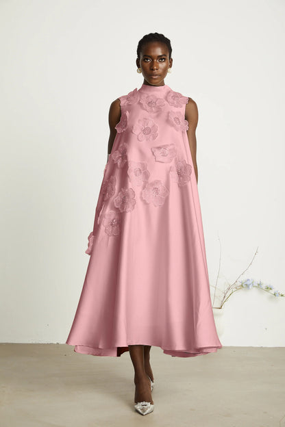 Emilie Sleeveless Floral-Applique Midi Dress in Pink
