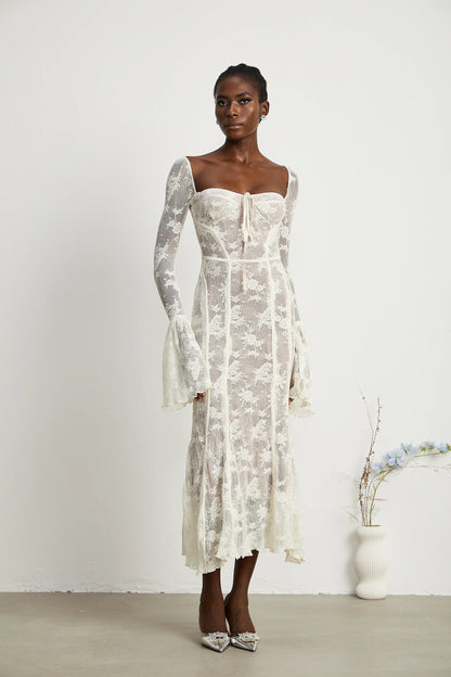 Marlene White Flared Lace Maxi Dress