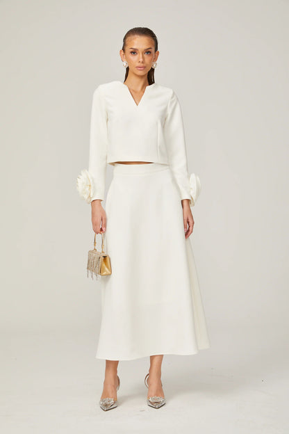 Hilaire white 3d-petal top & skirt matching set