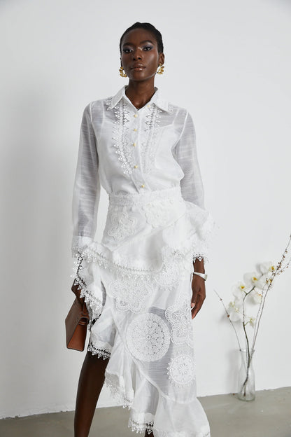 Renee White Semi-Sheer Shirt & Skirt Matching Set
