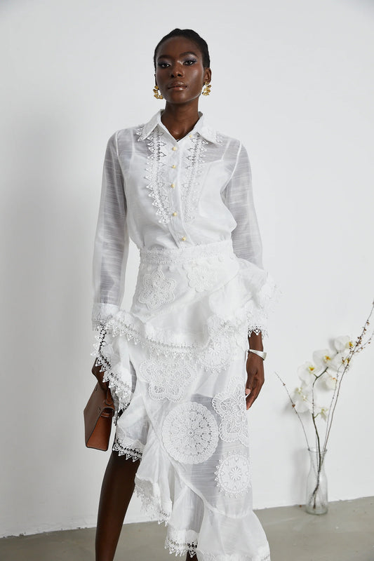 Renee White Semi-Sheer Shirt & Skirt Matching Set