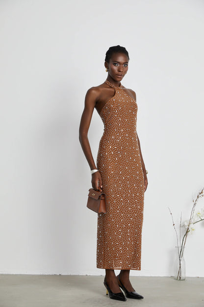 Desiree Brown Embellished Halter Neck Bodycon Maxi Dress