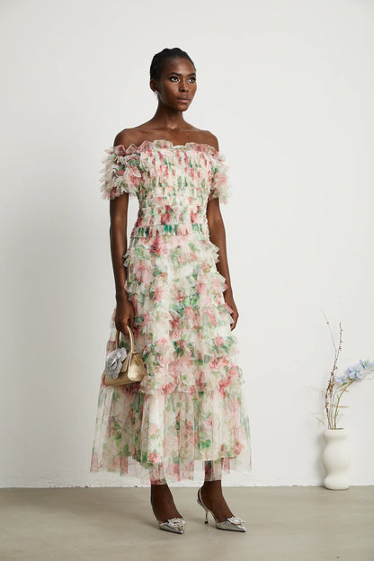 Suzette Floral-Print Tiered Midi Dress