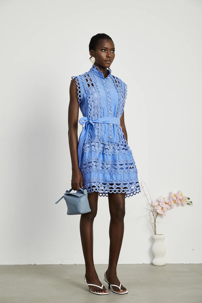 Mireille Blue Cut-Out Belted Mini Dress