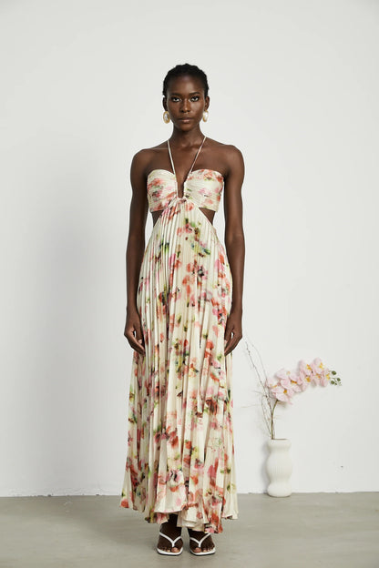 Andrea Cut-Out Floral-Print Pleated Maxi Dress