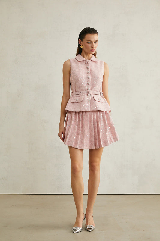 Elise Pink Pleated Embellished Mini Dress