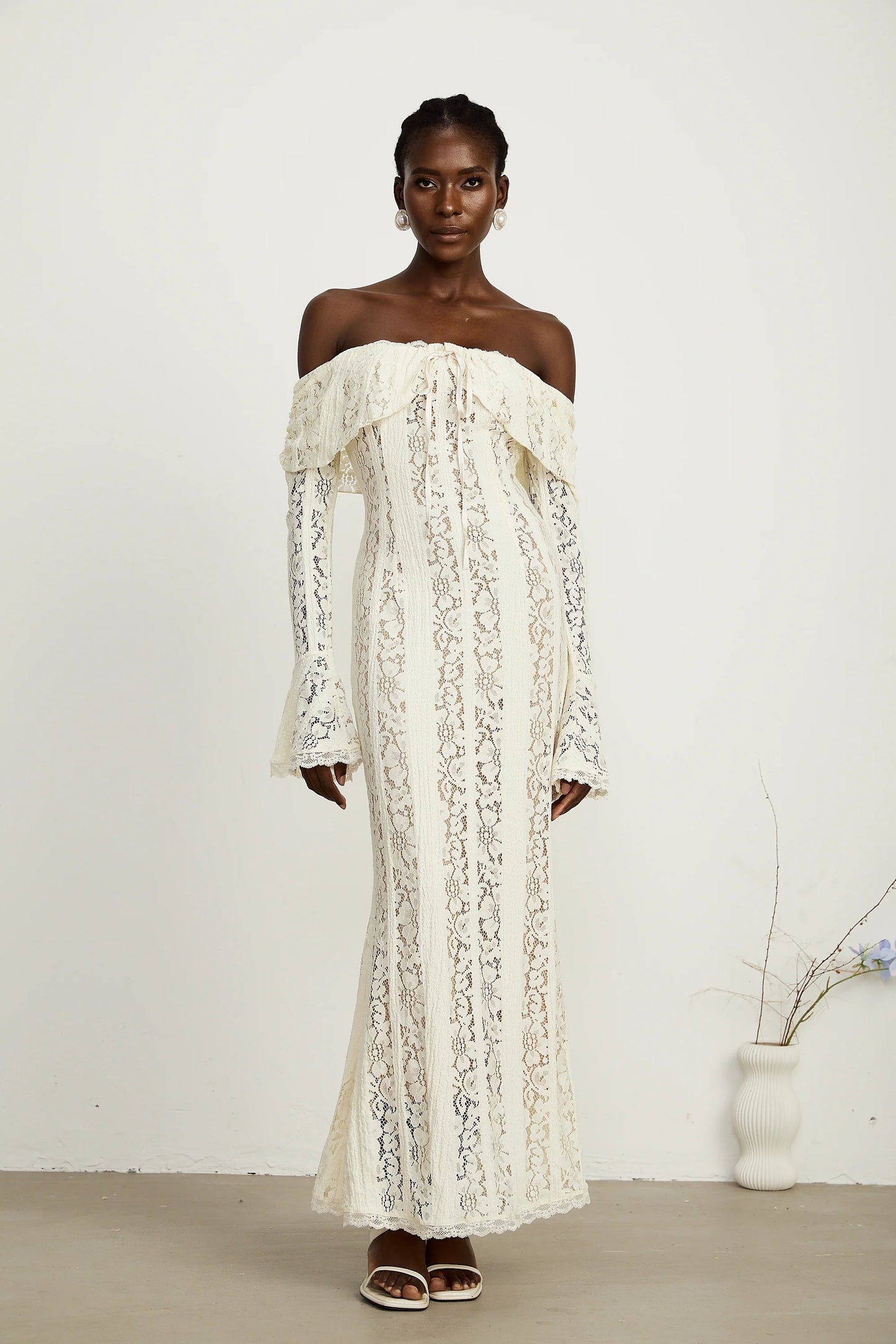 Emeline Floral Lace Flared-Cuff Maxi Dress in Neutrals