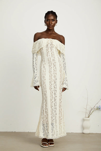 Emeline Floral Lace Flared-Cuff Maxi Dress in Neutrals