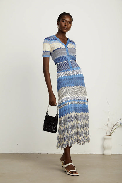Daniela Blue Zigzag-Design Knit Top & Skirt Matching Set