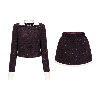 Brigitte Purple Sequined Tweed Jacket & Skirt Matching Set