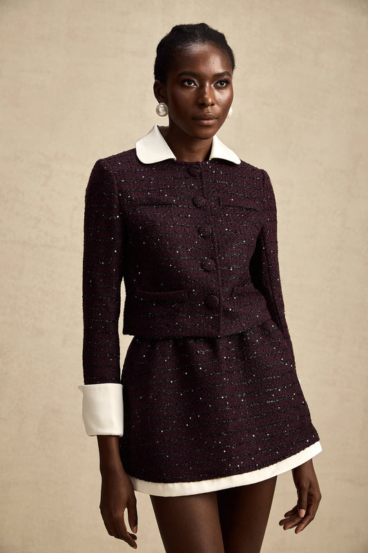 Brigitte Purple Sequined Tweed Jacket & Skirt Matching Set